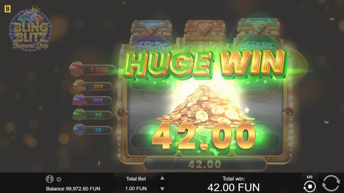 Interface brilhante do slot Bling Blitz Diamond Drop com diamantes e moedas douradas.